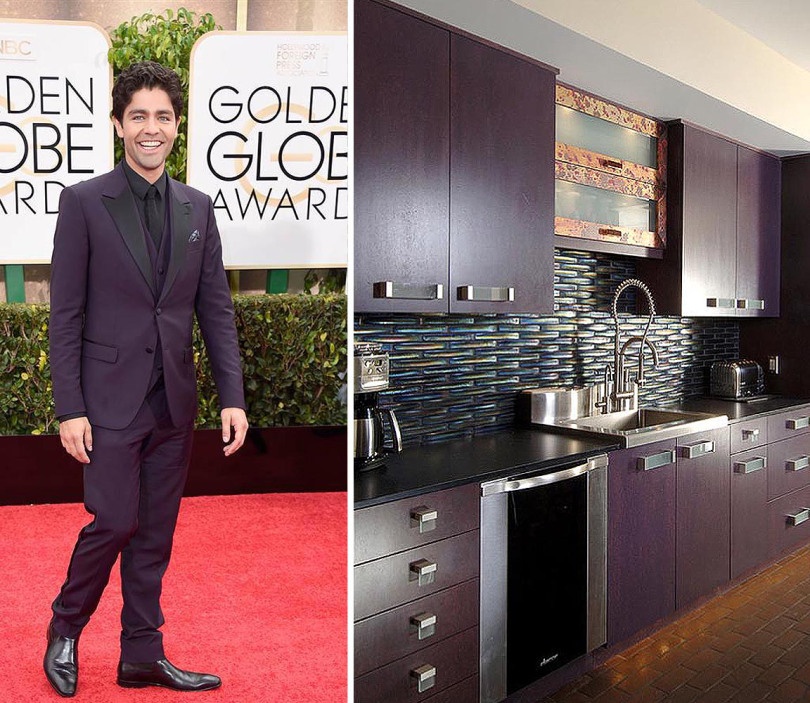 Adrian Genleer from Entourage showing a little swag in his deep plum suit. We thought this kitchen was the perfect amount of edge with our dimensional field tile in Rainbow Iridescent.