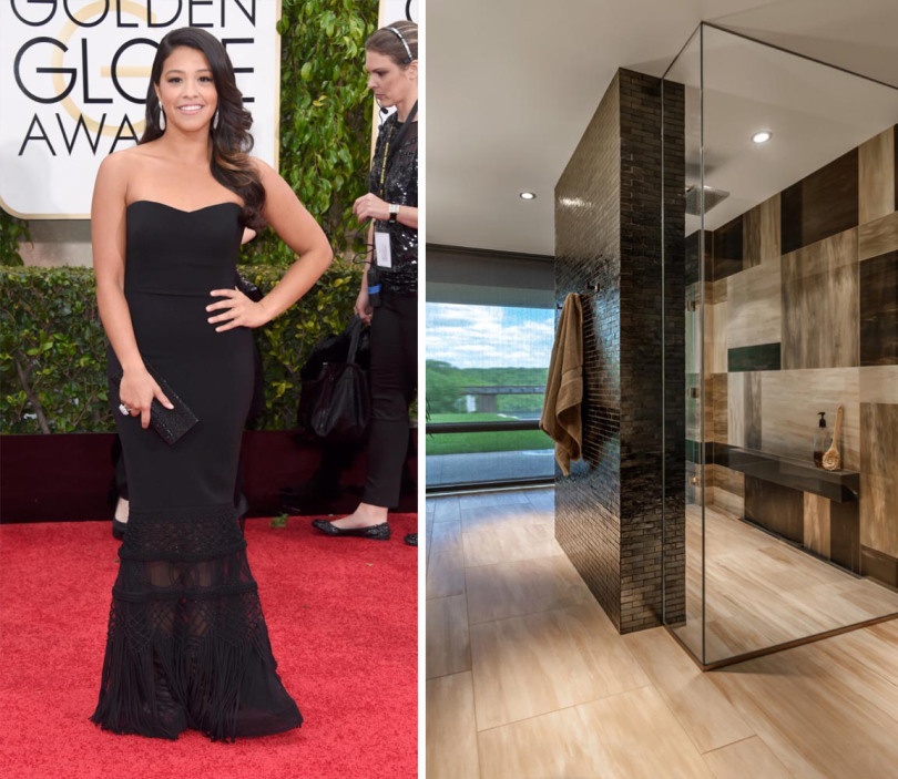 Golden Globe winner Gina Rodriguez looks super chic in her Badgley Mishka Gown. It made perfect sense that she has the same down-to-earth, yet beautiful bathroom space. Shower wall dons Walker Zanger Weave in Pewter iridescent.