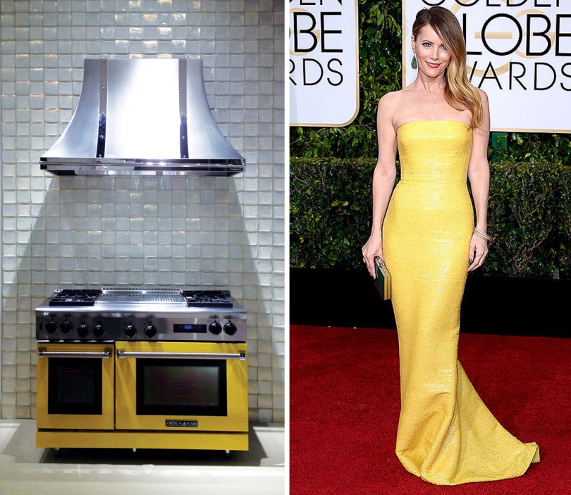 Yellow is anything but mellow when it comes to  Leslie Mann's Kaufman Franco gown. Why not make your red carpet statement in your home with a range from PIRCH and a stunning backdrop of Lune dimensional field tile in Oxygen Iridescent.