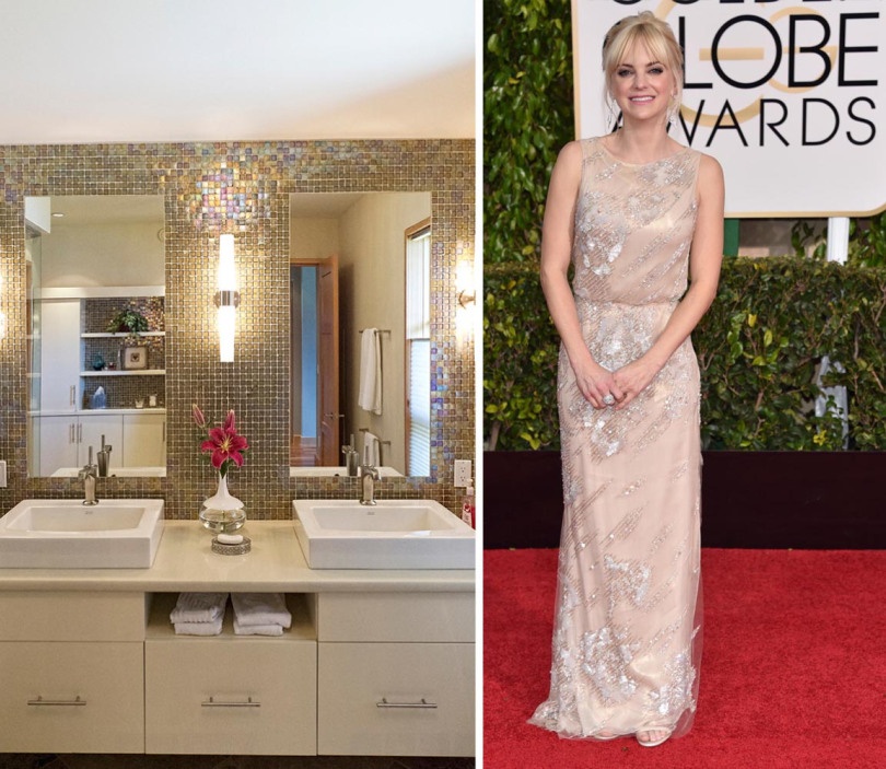 Anna Faris looking angelic in this beautiful cream Reem Acra gown. Inspiration struck us with this glittering Vanity in Tessera's 1x1 mosaic in the color Cane Iridescent.