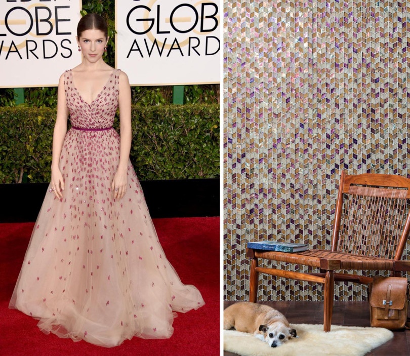 We're swooning over Anna Kendrick's Monique Lhuilleir gown. We imagine her perfect tile would  be a beautiful combination of golds and purples in our Tessera pattern Perspectives. (Blend: Coppertone)