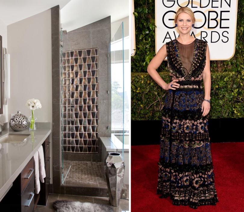 Perhaps it's our SoCal coming out, but we are head over heels for this boho Valentino gown Claire Danes chose for her walk down the red carpet.  We imagined her bathroom would be sophisticated with the perfect touch of dimensional tile as the focal point. Lori Gentile designed the bathroom using Lune in Truffle Irid and Truffle Non-Irid.