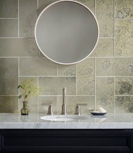 antique mirror, glass tile, bathroom tile, vanity tile, vintage design, modern design, interior design home decor