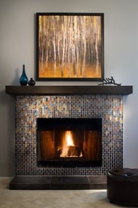 fireplace, glasstile, tile, gold tile, warm embers, holiday decor, hearth, 